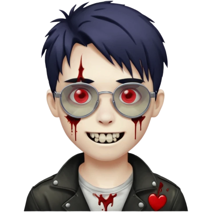 Zombie emo boy, chrome heart glasses and a scary smile, scars and blood under eyes emoji