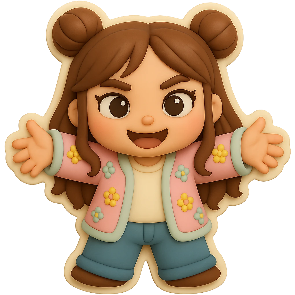 3D chibi fondant cake art style, high-quality rendering with smooth shadows and soft gradients. Girl based on reference image with preserved facial features and eye shape, long brown hair in two space buns, brown eyes, jeans, pastel floral cardigan, thick white outline like a sticker. Reaching out both arms for a joyful hug. Transparent background. Ensure the face, hairstyle, and eye shape match the reference exactly. emoji