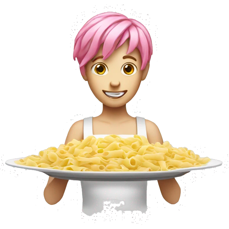 white person with pink hair with a plate of pasta emoji
