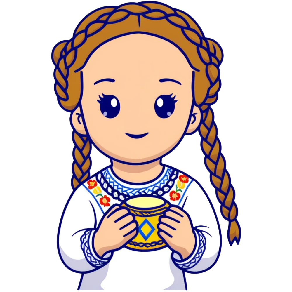 Young Ukrainian girl with braided hair in white traditional embroidered Ukrainian vyshyvanka shirt holding a small glowing light representing the soul emoji