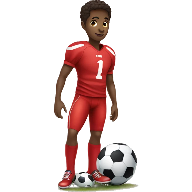A kid in a red football shirt with his foot on a football emoji