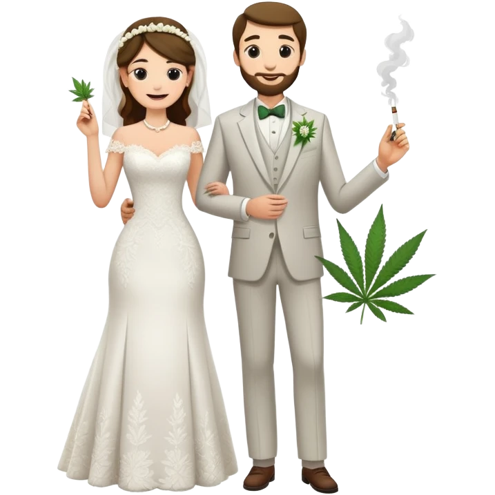 Wedding bride and groom, full body, smoking cannabis together, happy faces emoji