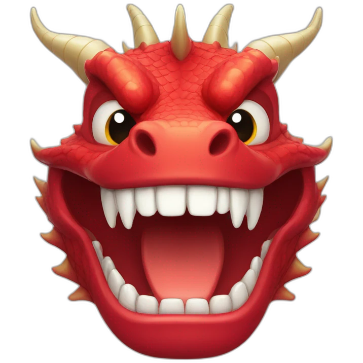 Crazy funny red dragon head with human white teeth and beautiful smile emoji