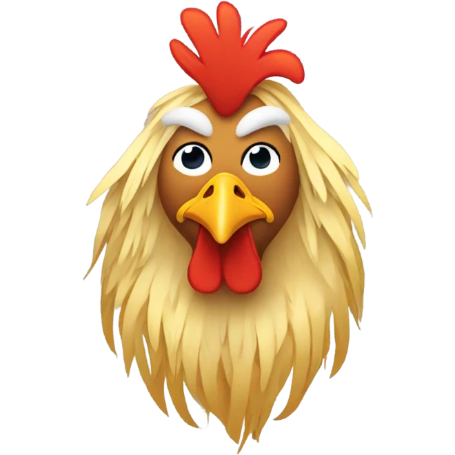 A Rooster wearing a wig of long blonde hair emoji