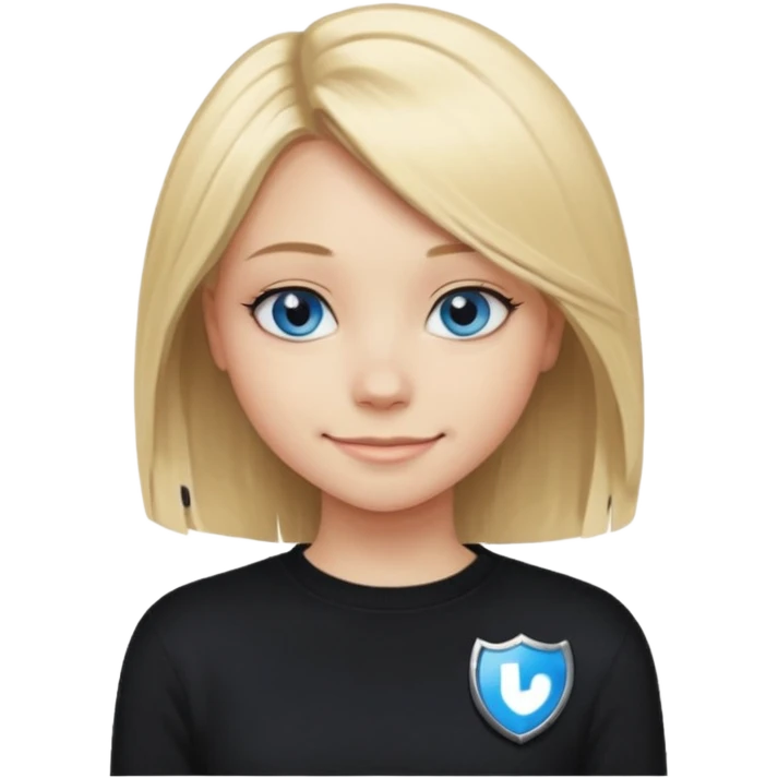 a new character a girl with shoulder length blonde hair wearing black clothes and wearing a cheeky smile she has blue eyes her black sweater has an emo style badge emoji