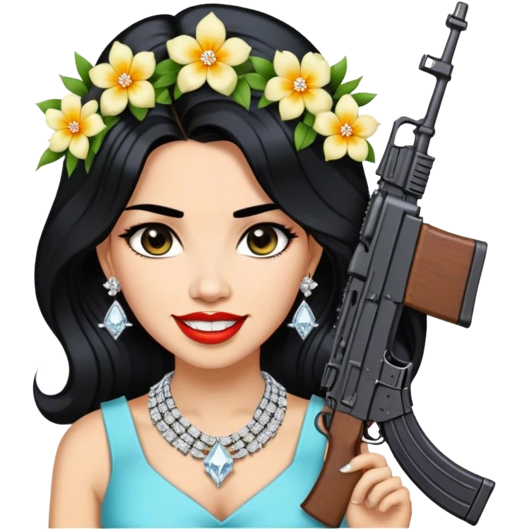 A beautiful woman with flowers in her hair, holding an AK-47 and has diamond grills in her teeth and big diamond chain on her neck that says icy and big diamond earrings and black hair emoji