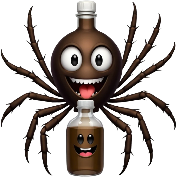 wesoły śmieszny pająk z butelka jadu i podpisem cześć emoji