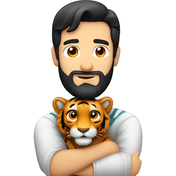a caucasian guy with black hair and beard hugging with a tiger emoji