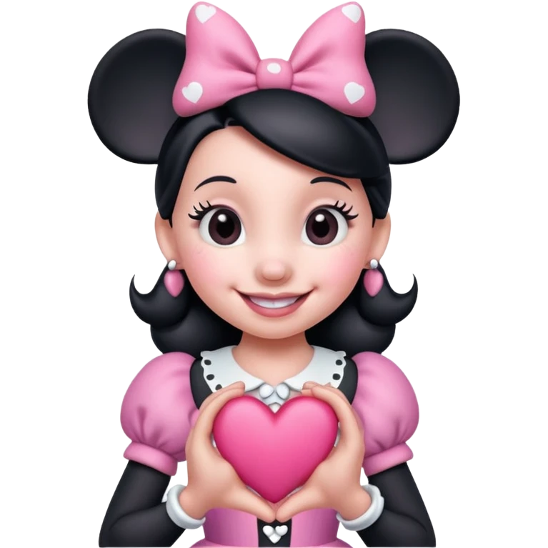 Pink Minnie Mouse, smiling, holding a pink heart emoji
