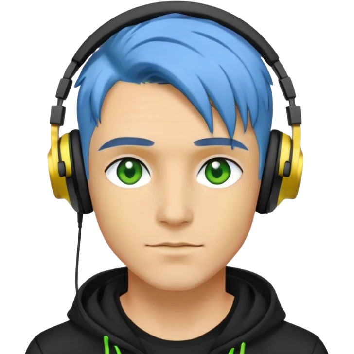 Blue-dyed hair, yellow skin, headphones, green eyes, black clothing, male, man, guy, apparels, jewelry, aesthetic, fashionista emoji