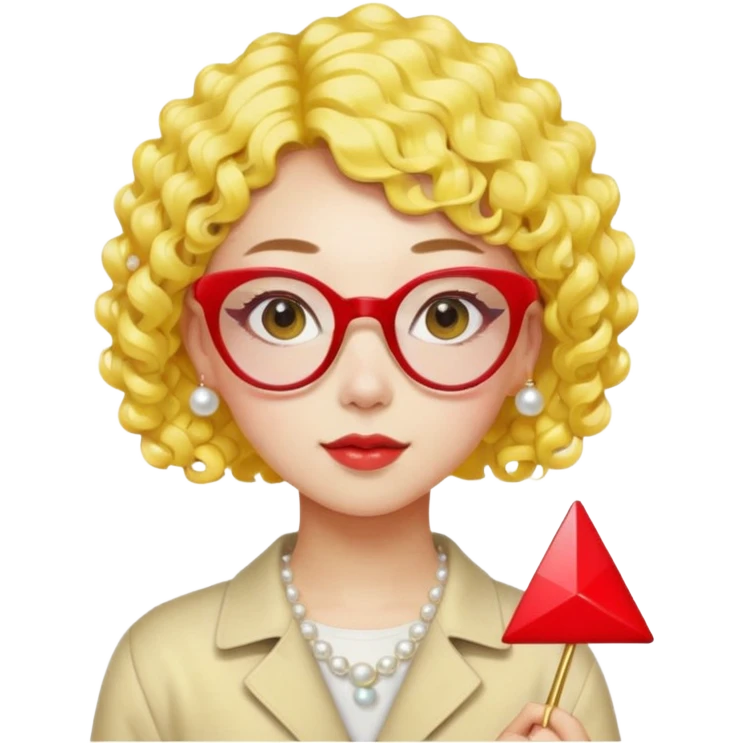 modern Chinese girl emoji, short curly bright yellow hair, pearl hairpin, trendy red triangle glasses, graphic designer, loves colors emoji