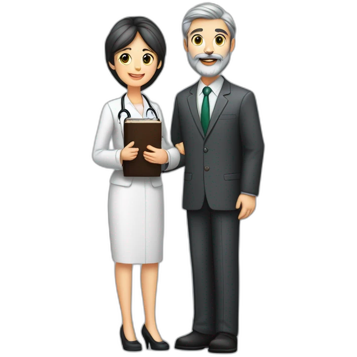 husband classy caucasian dark gray hair trimmed beard wearing business suit holding bible, with wife asian age 55 dark hair nurse uniform, no children emoji