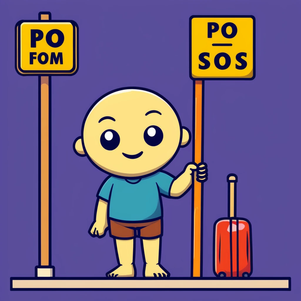 humanoid wooden club with big cartoon eyes and wide smile, barefoot, standing at a dark street bus stop under a dim streetlight, holding a bat, background sign 'Pentung Pos Ronda' emoji