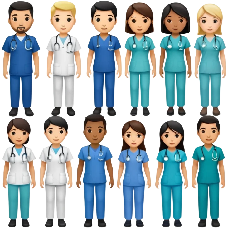 no blond people, more asians, group of 10 nurses, occupational therapists, physiotherapists (male and female, different races, different clothes) emoji