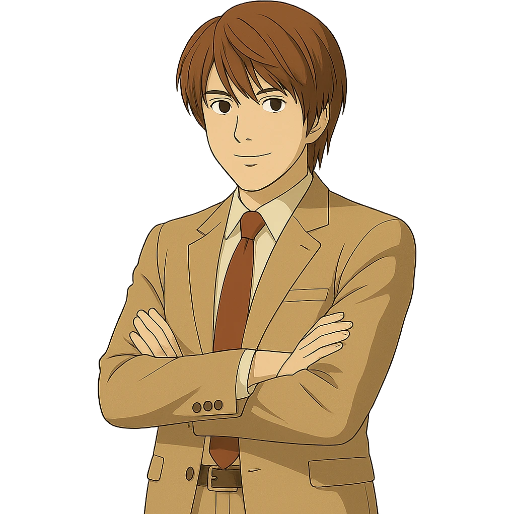 Create an exact Light Yagami in Ghibli style, standing with his arms crossed and a subtle smile, wearing the same suit, with the same confident expression. Match the face, hair, and suit details exactly to the reference image. Transparent background. emoji