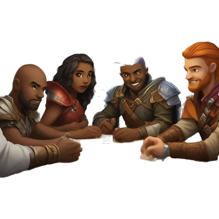 Playing dungeons and dragons with friends at a table with full set up emoji