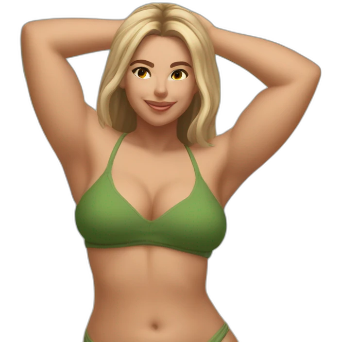 Slim-thicc Caucasian woman bikini hands in hair pose (beach body) emoji