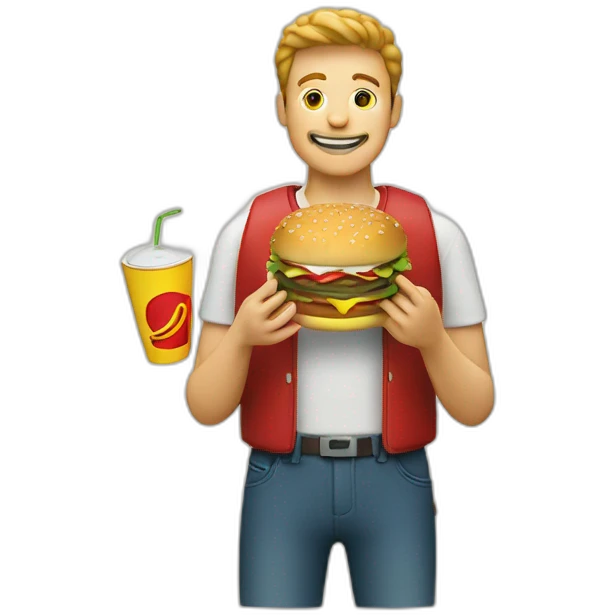 a man eating burger and Macdonald logo emoji