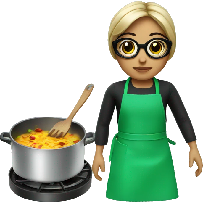 Mexican doll  big eyes green apron  with glasses cooking  emoji