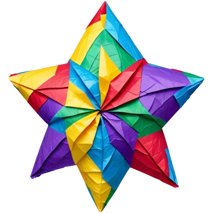 tradicional mexican star-shaped piñata covered in layers of bright tissue paper in red blue yellow green and purple emoji