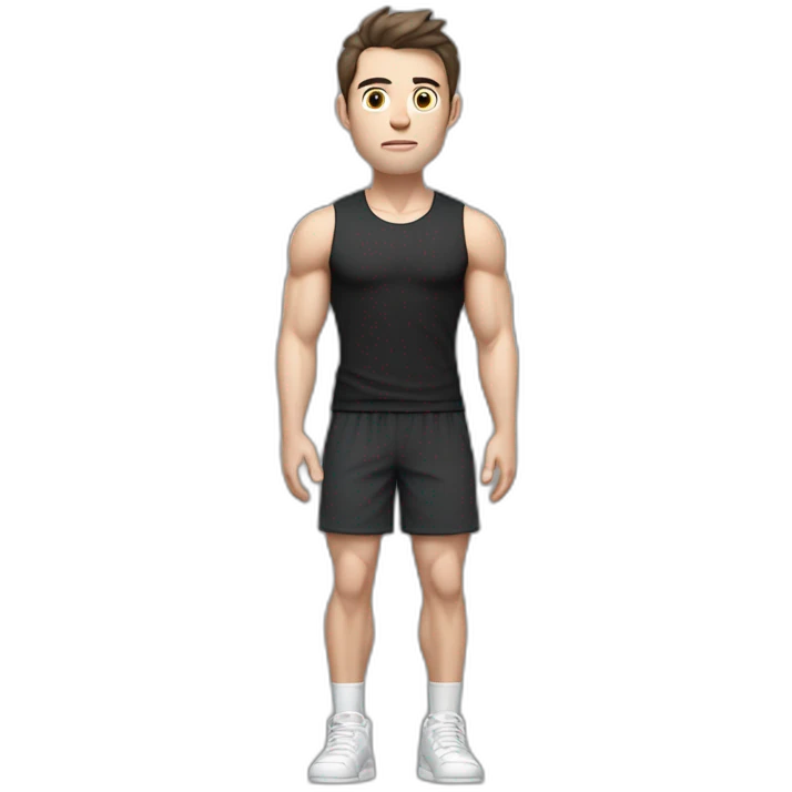 Confused Pale skinned Fit Man With the biceps and dark brown hair in black shirt, gray sports shorts and white Sneakers emoji