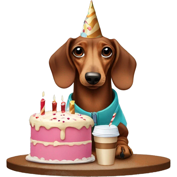 Dachshund with ice coffee and birthday cake  emoji