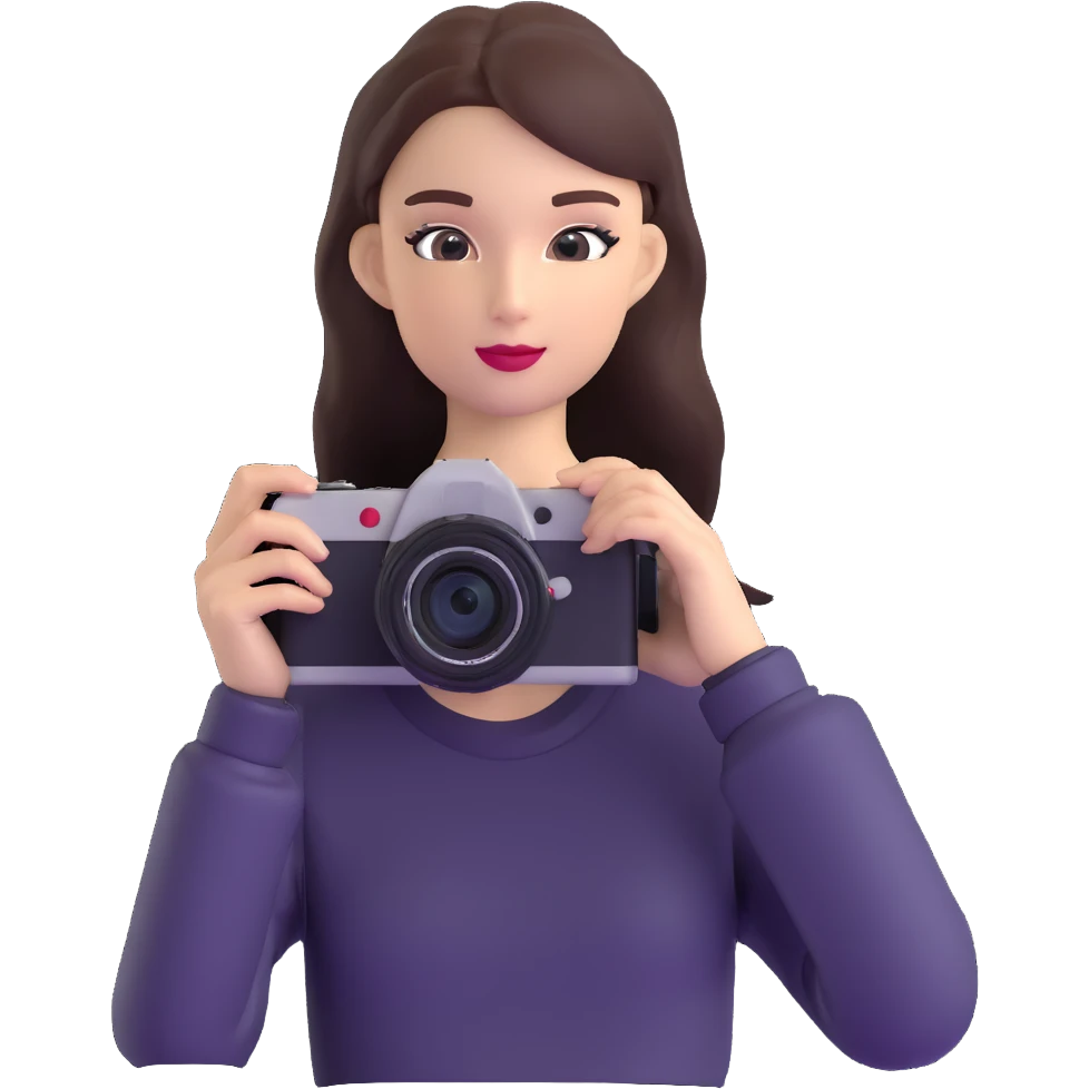 Professional European fashion model during photoshoot, posing while taking photo with camera emoji