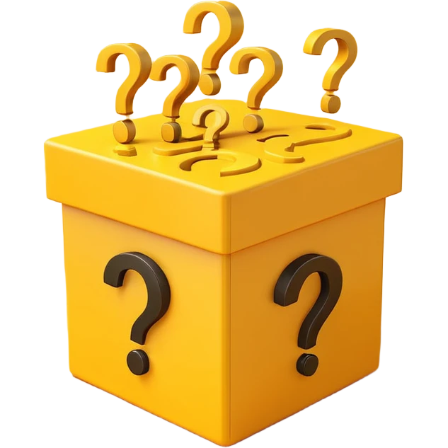  box printed with q&a over stuffed with yellow question marks emoji