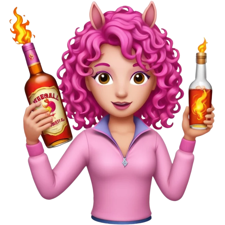 Pink Unicorn curly hair with bottle fireball whiskey dancing  emoji