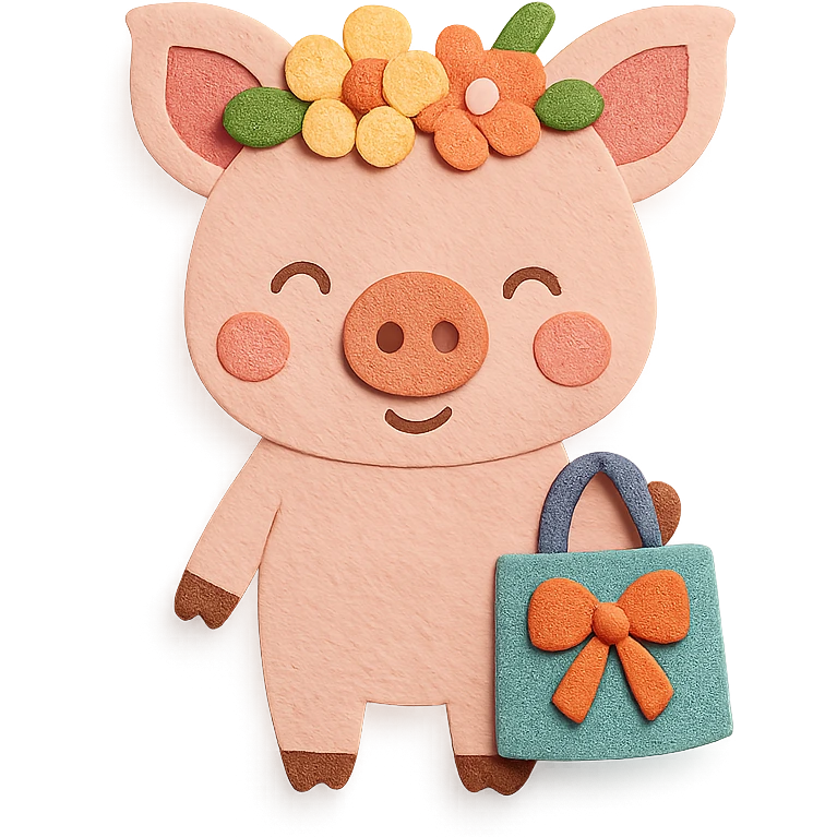 piglet with flower crown and gift bag, paper-craft style emoji