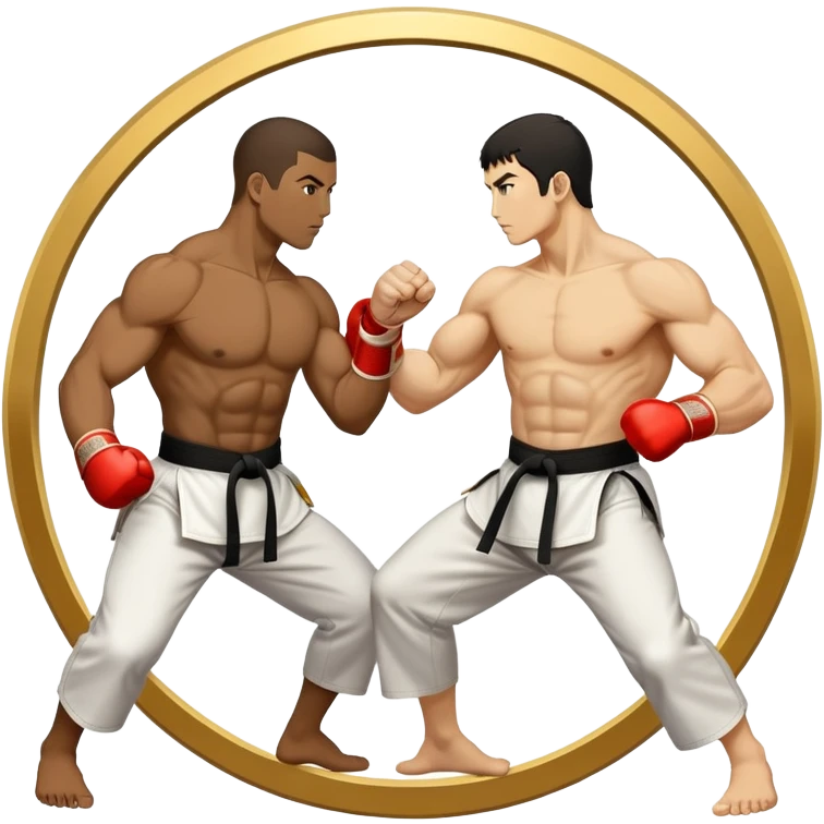 Round emblem symbolizing striking martial arts. The emblem features two fighters in dynamic stances, one delivering a powerful punch while the other defends with a block. In the center, a stylized fist and foot crossed to represent the essence of striking.  emoji