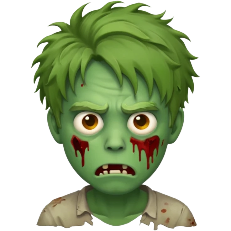 tired male zombie emoji, green skin, messy hair in the middle, expressive tired face emoji