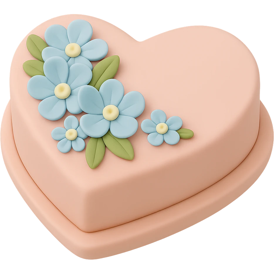 Remove the birthday candles, keep only the heart-shaped fondant cake with blue flowers, fondant cake art style, transparent background. emoji