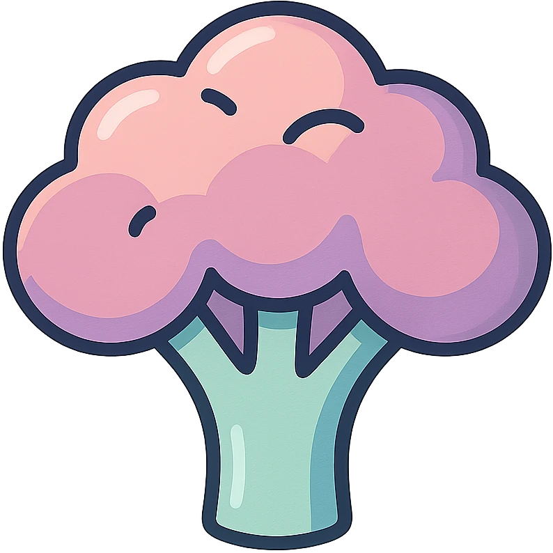 broccoli, volumetric 2D image, icon-color-outlined style, thin clean contours, soft rounded shapes, pastel palette #98B5BC, #B5B3C1, #C9A3C9, #E4C0CA, #F7DCD1, #F7C0AA, detailed shadows and highlights, soft lighting, transparent background, no decor emoji