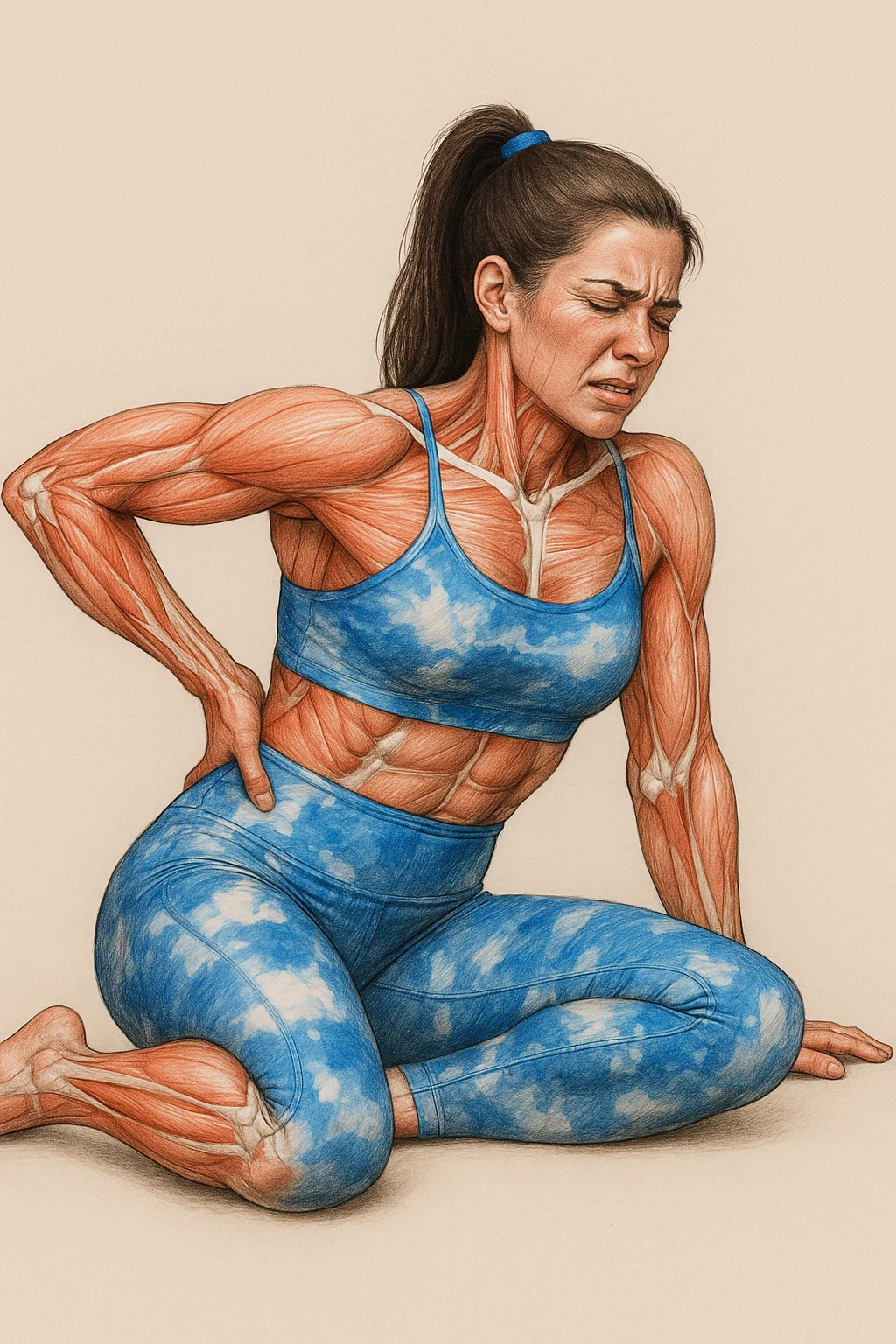 Realistic anatomical illustration of a woman in sportswear inspired by the reference photo, sitting on the ground with one hand on the hip and the other on the back, highlighting muscles and joints involved, expression of pain, neutral background. emoji