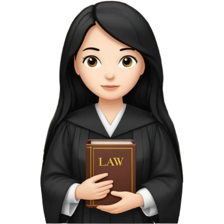 white-women-with-long-black -hair-lawyer-in-lawyer’s-robe. Have law book in hand with bookshelf full of law books in the background emoji