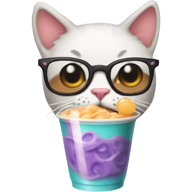 cat with a mustache and drinking bubble tea emoji