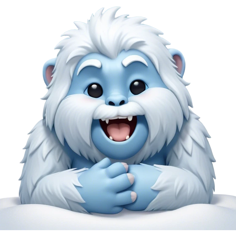 Cinematic Cute Yawning Yeti Portrait Emoji, with a charming, fluffy, snow-dusted figure in gentle whites and cool blues, head tilting back in a wide, endearing yawn with softly closed, peaceful eyes and a content little smile, simplified yet irresistibly adorable, highly detailed with a soft, frosty glow and outline capturing the serene slumber of a yeti! emoji