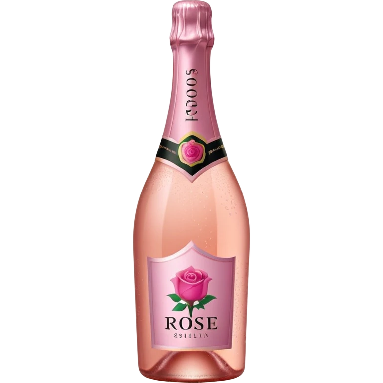 bottle of sparkling rosé with a rose logo on the label, angled to the left, no glass emoji