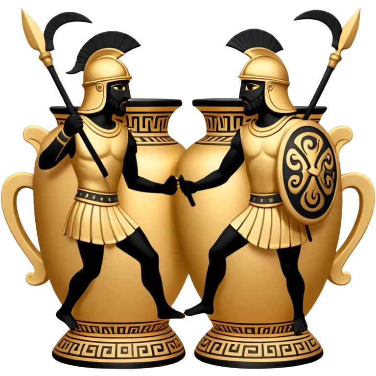Cinematic-realistic Grecian urn, an exquisite black-figure pottery masterpiece resting in the dim glow of an ancient temple. Intricate golden depictions of two warrior fighting with spears and warriors encircle its curved form, telling timeless myths of heroism and tragedy.  emoji