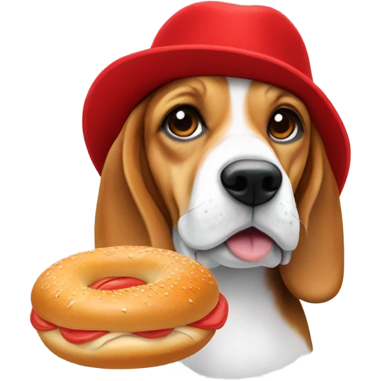 beagle eating a bagel while wearing a red hat emoji