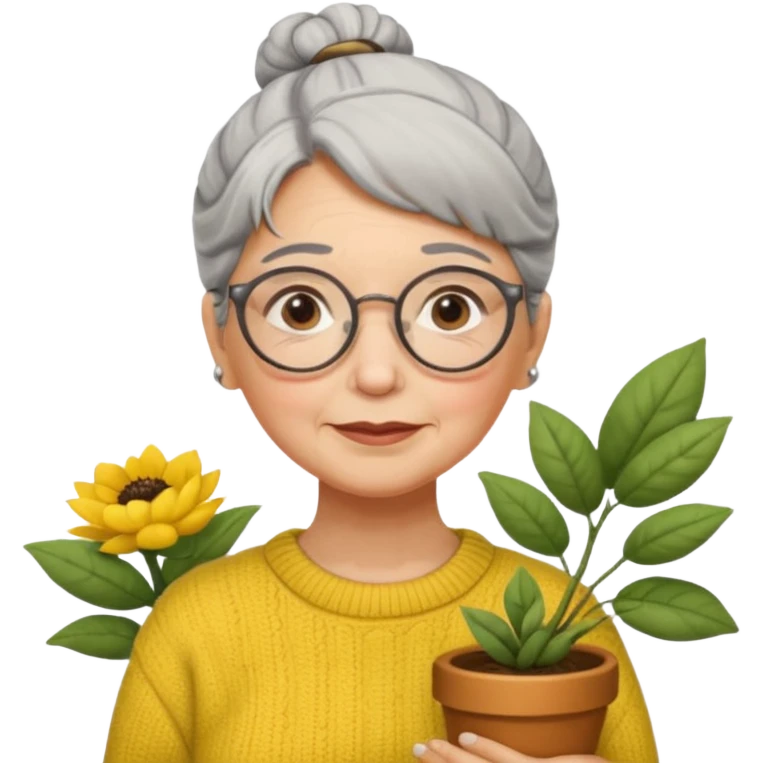 Abuela con cabello canoso en moño, expresión tierna, gafas redondas, suéter amarillo y detalles relacionados con plantas. Estilo amable y acogedor. emoji