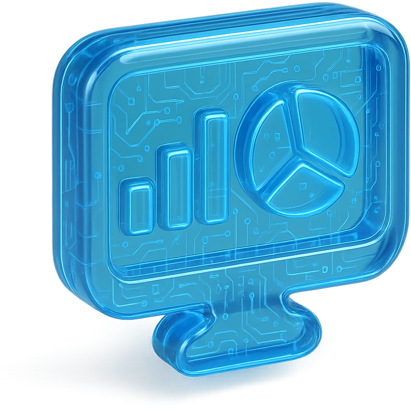 Minimalist icon of a bar chart and pie chart on a digital screen, flat design, , cyan blue emoji