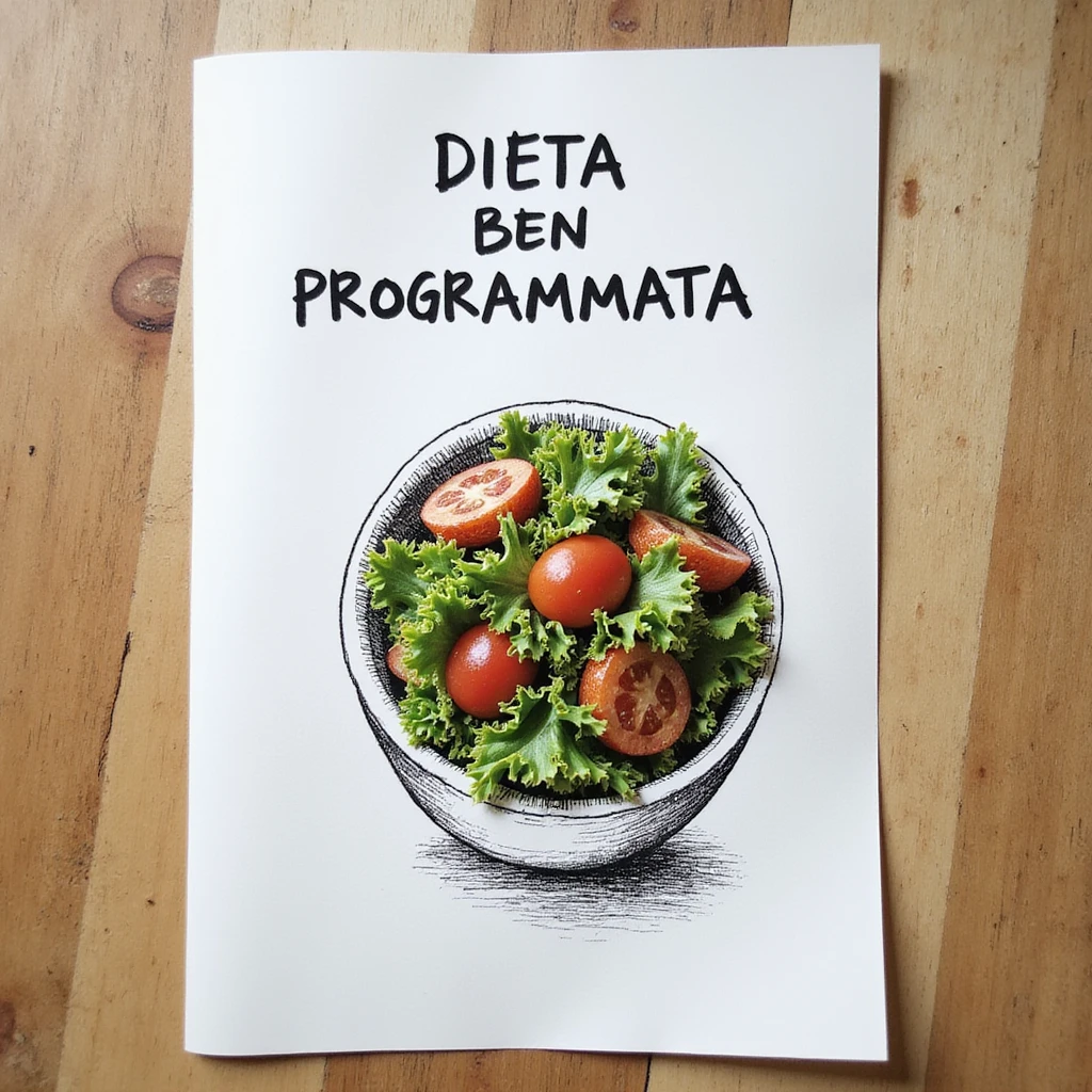 top view of a hyperrealistic 4K sheet of paper with a bowl of salad drawn on it and the text 'DIETA BEN PROGRAMMATA', variation 9, no background emoji