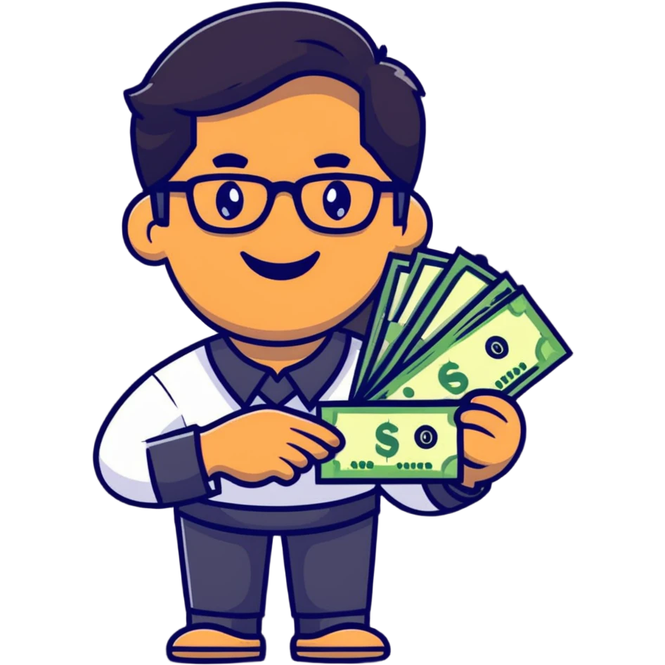 Indian finance bro with glasses, smiling, holding a stack of money, cartoon sticker emoji