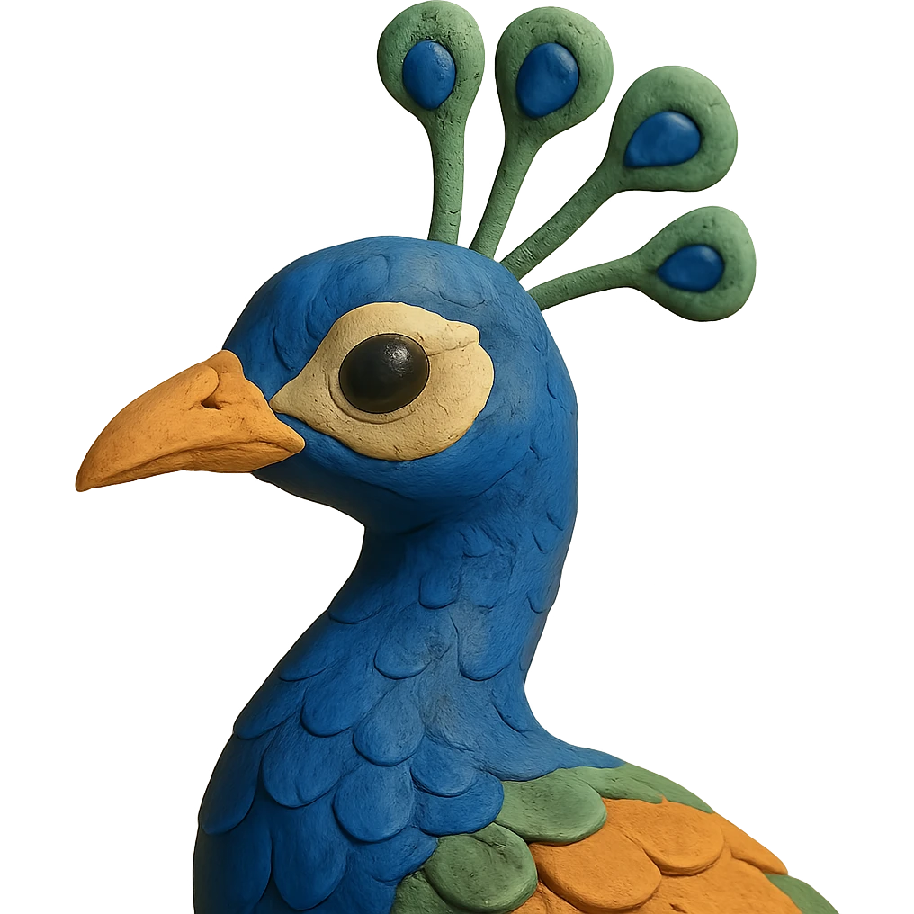 close-up of a peacock's head and neck, soft lighting, detailed feathers, claymation style emoji