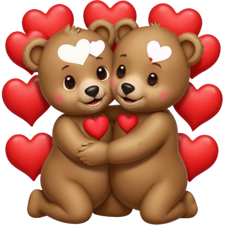 female bear with bow on her head and male bear hugging, couple, surrounded by hearts, playful and loving, cute, same height  emoji