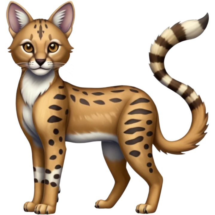 Realistic patterned marked edgy greyish blackish whitish silvery coppery Shiny Colorful Glossy Genet-Caracal-Lion-Bobcat-fusion-animal-hybrid-creature, full body, tufted ears, long thin tufted tail emoji