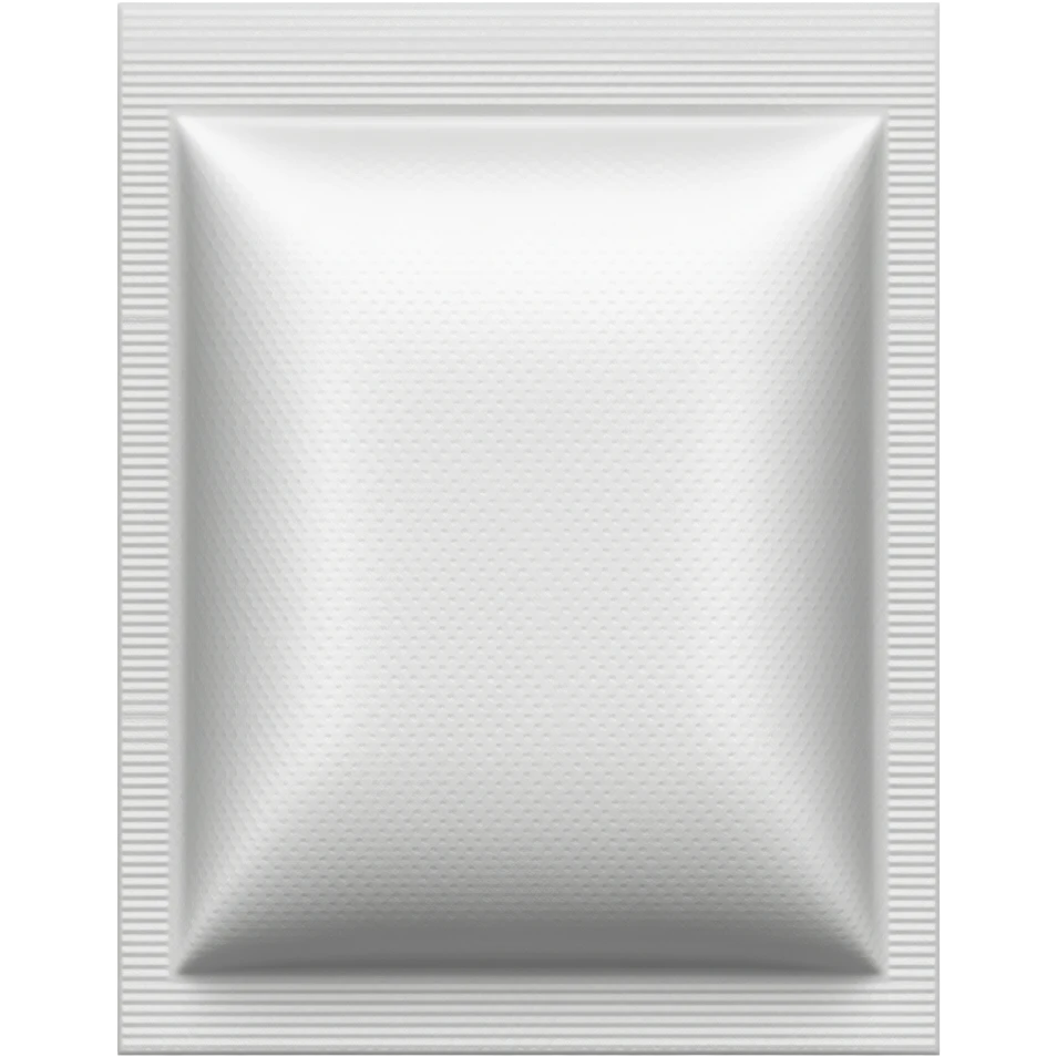 A small horizontally elongated nicotine pouch made from thin matte porous paper with a subtle fibrous texture. The pouch is softly filled and slightly curved, about twice as wide as it is tall. TThe short ends are sealed with narrow crimped paper edges. emoji