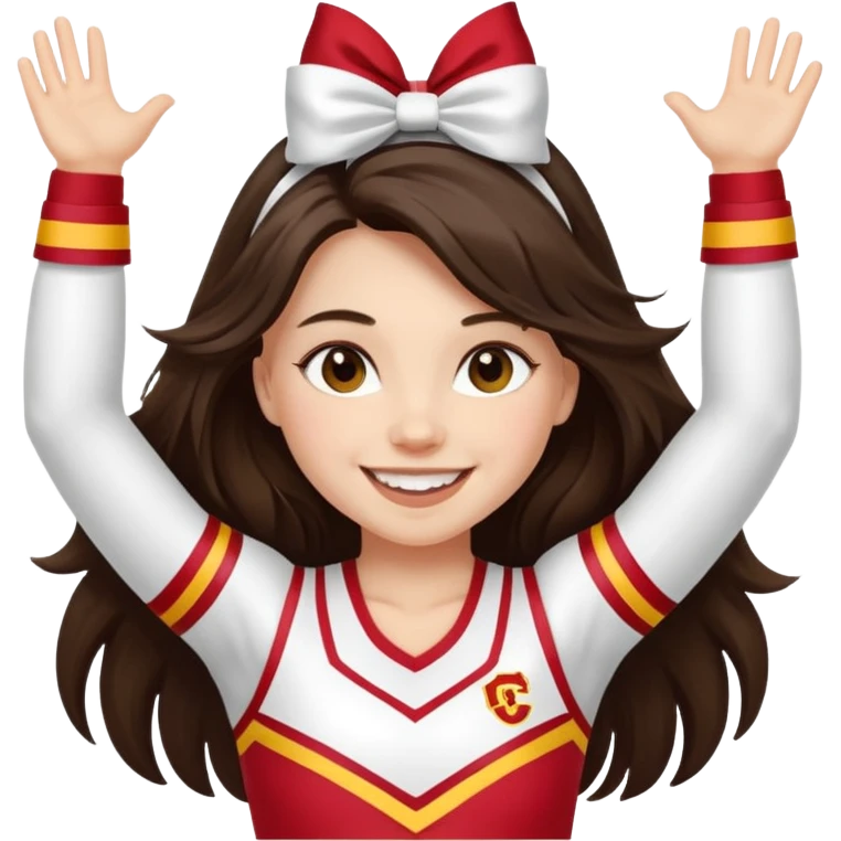 white happy long haired brunette girl in a white USC cheerleader outfit emoji